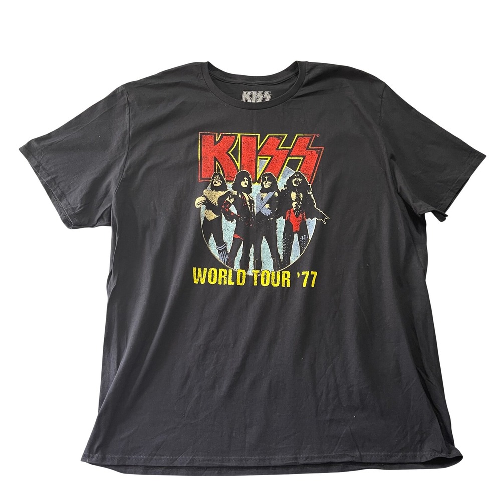 KISS T-Shirt Mens 3XL Black World Tour 77 Graphic Rock Band Short Sleeve Classic